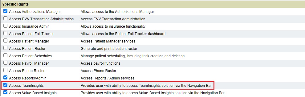 TeamInsights Specific Rights | WellSky